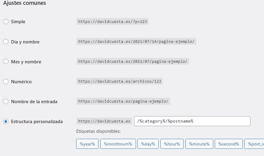Vista de los ajustes de enlaces permanentes en el back de WordPress